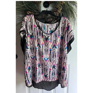 Womens 3X Pull Over  Eyesdhadow Aztec Pink, Purple Black & Blue Hi-Low Sheer Top